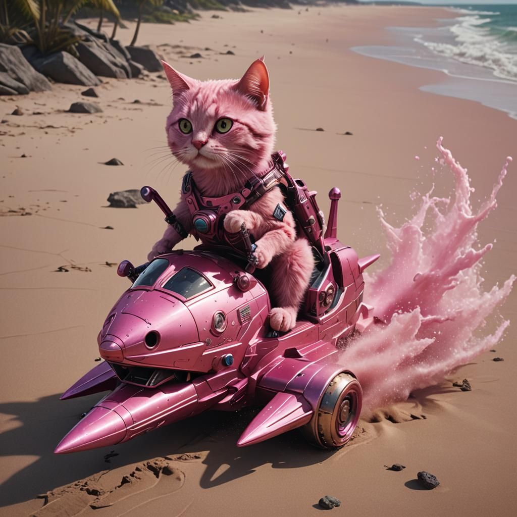 Pink Cat on Pink Rocket, Hyperrealistic Beach Scene