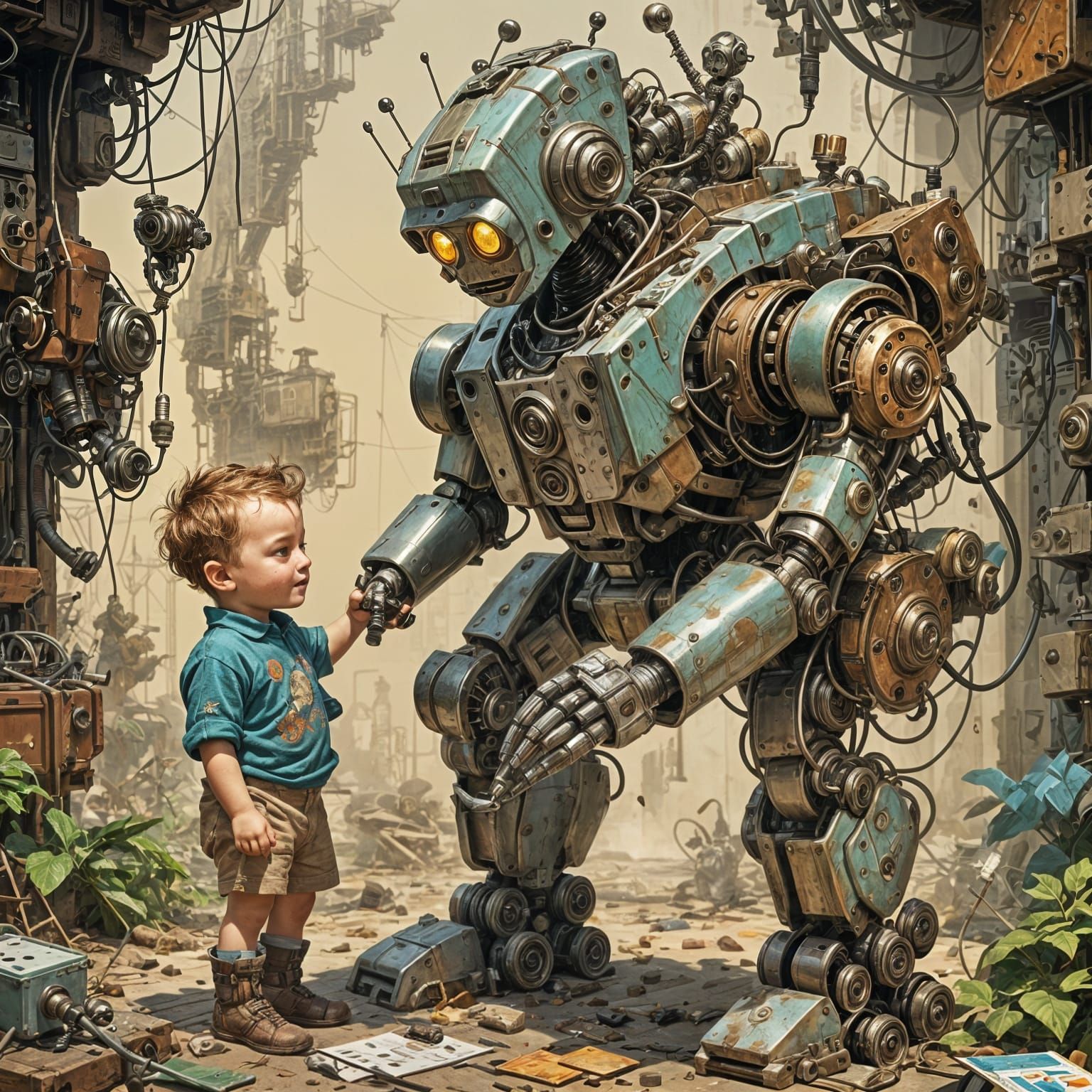 Boy and Robot Playtime in Vintage Style
