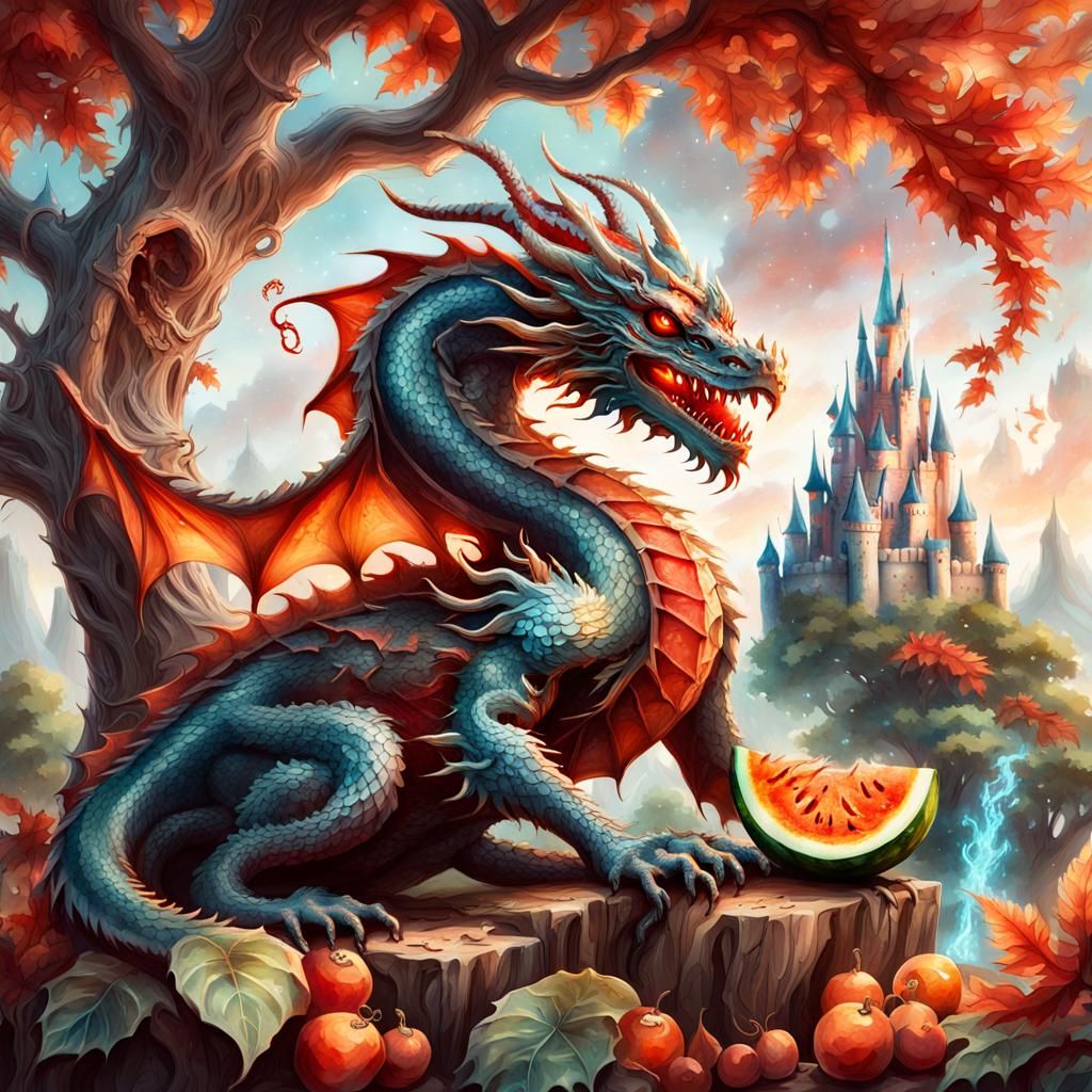 Dragon Sipping Watermelon in Ethereal Fantasy Realm