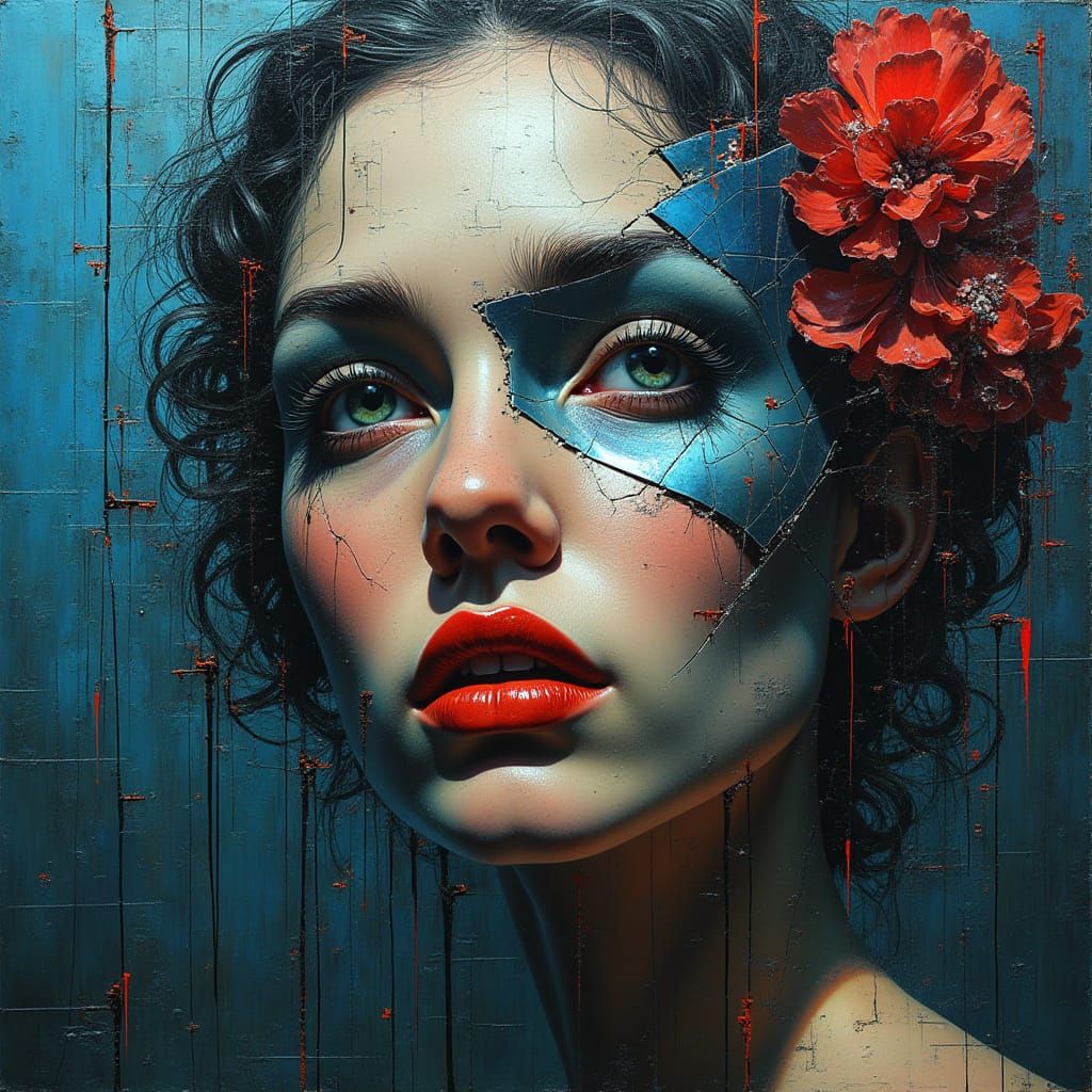 Cubist Woman in Cyberpunk Shattered Mirror Reflections