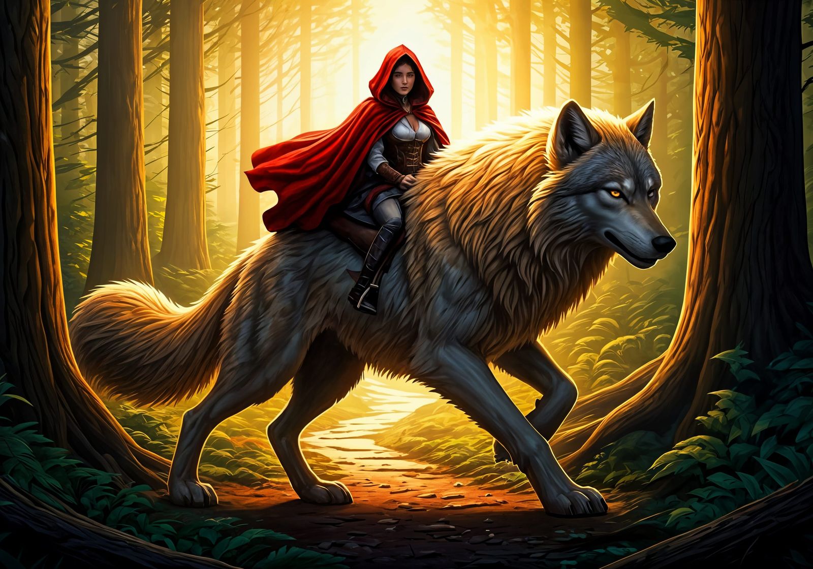Red Riding Hood Rides Direwolf in Sunlit Forest