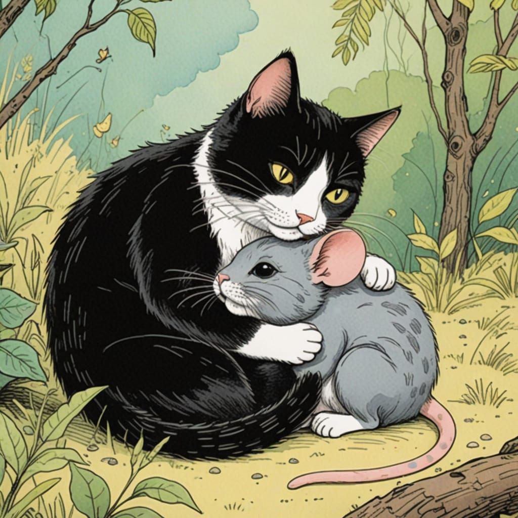 Serene Cat and Mouse Cuddling in the Wild
