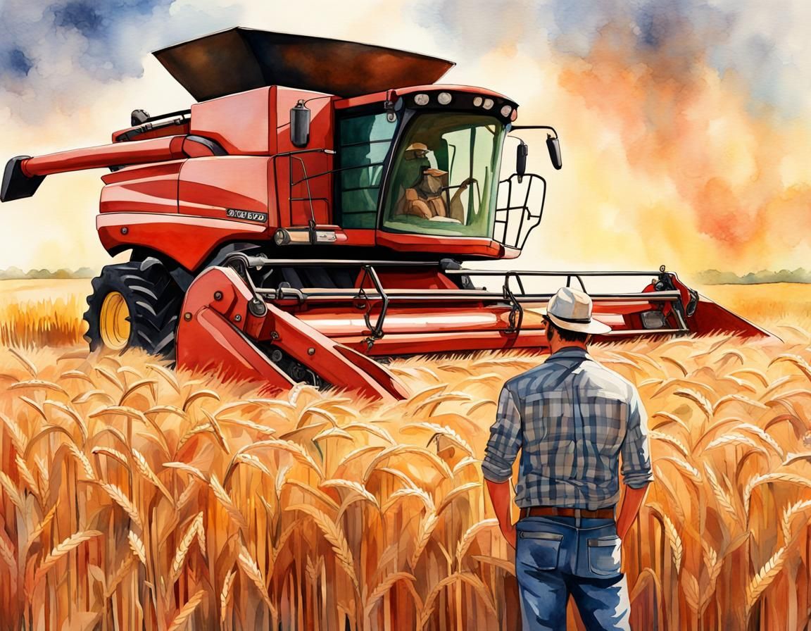 Watercolor Farmer with Harvester in Wheat Field