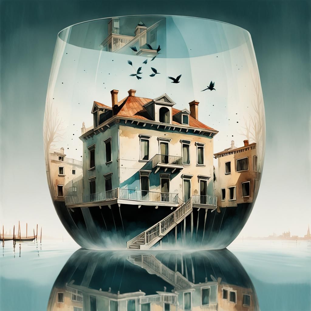 Venice Double Exposure in Gouache Watercolor Style