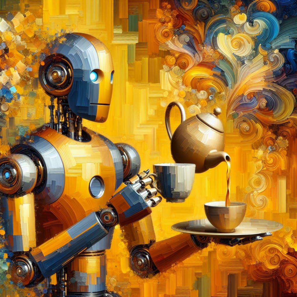 Dapper Robot Enjoying Tea: Neo-Impressionist Painting