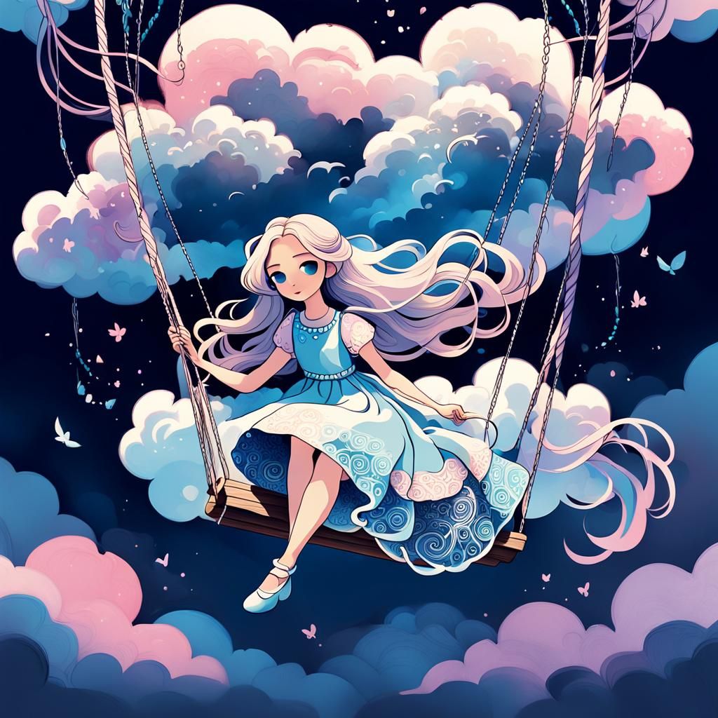 Girl on Cloud Swing: Whimsical Digital Art