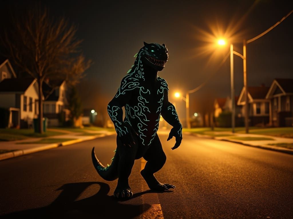 Bioluminescent Beast on Suburban Street at Night