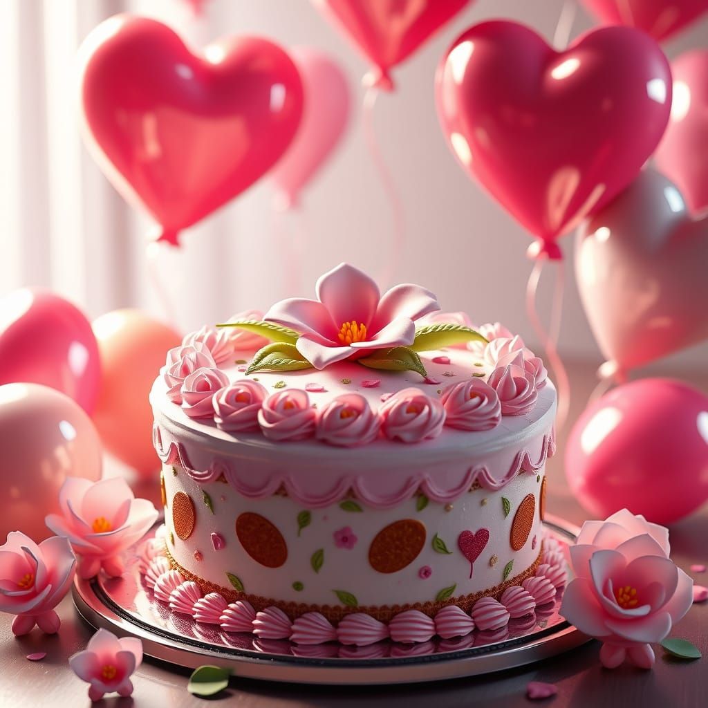 Delicious Cake with Flower Balloons in 3D Anime Style