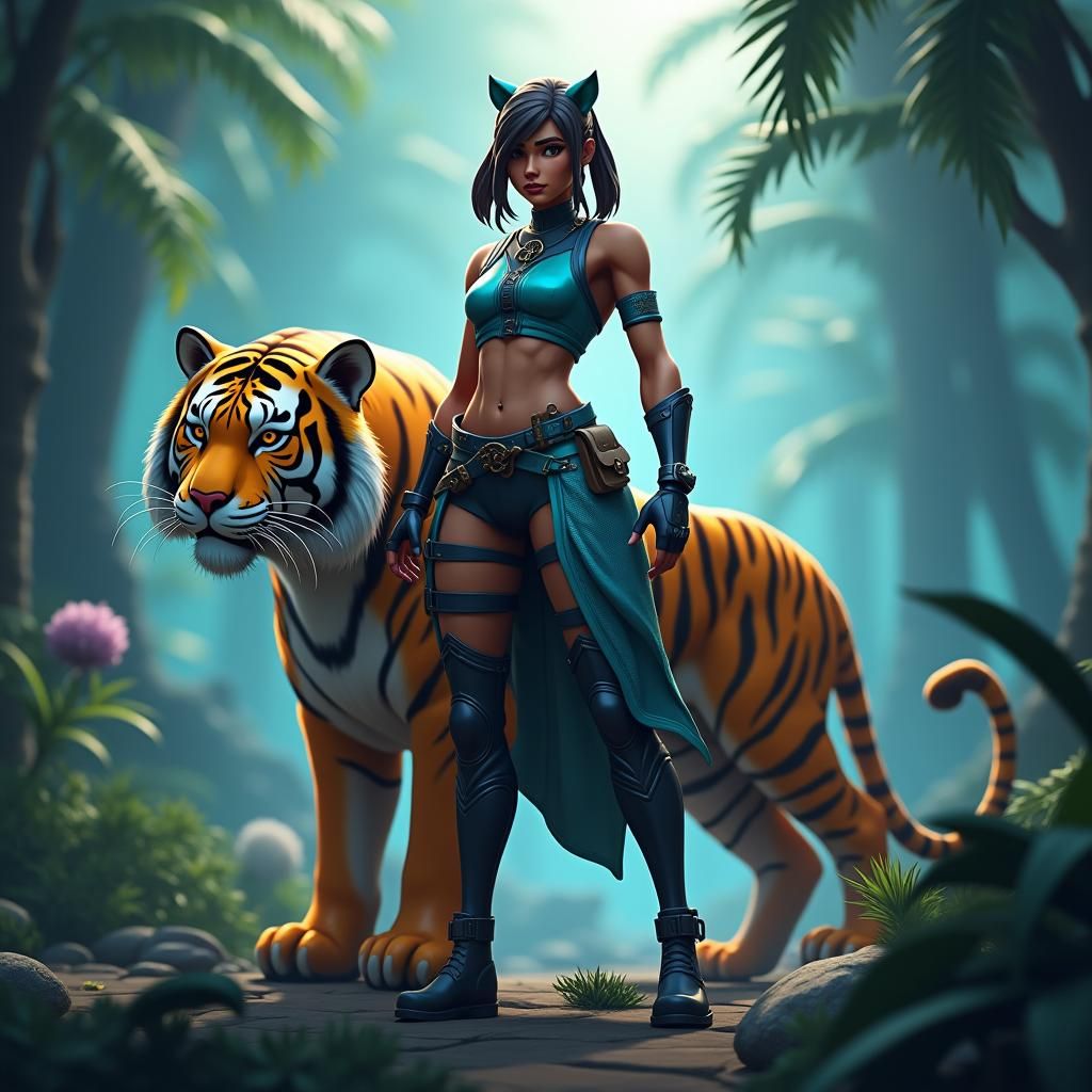 Fortnite Heroine with Tiger in Mystical Jungle