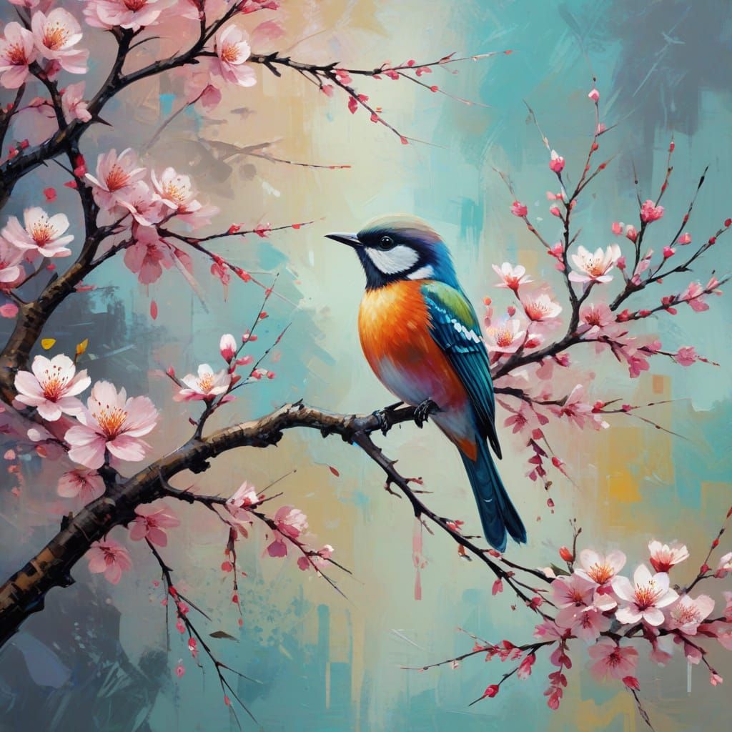 Abstract Blossom Tree Bird in Modern Japanese Style