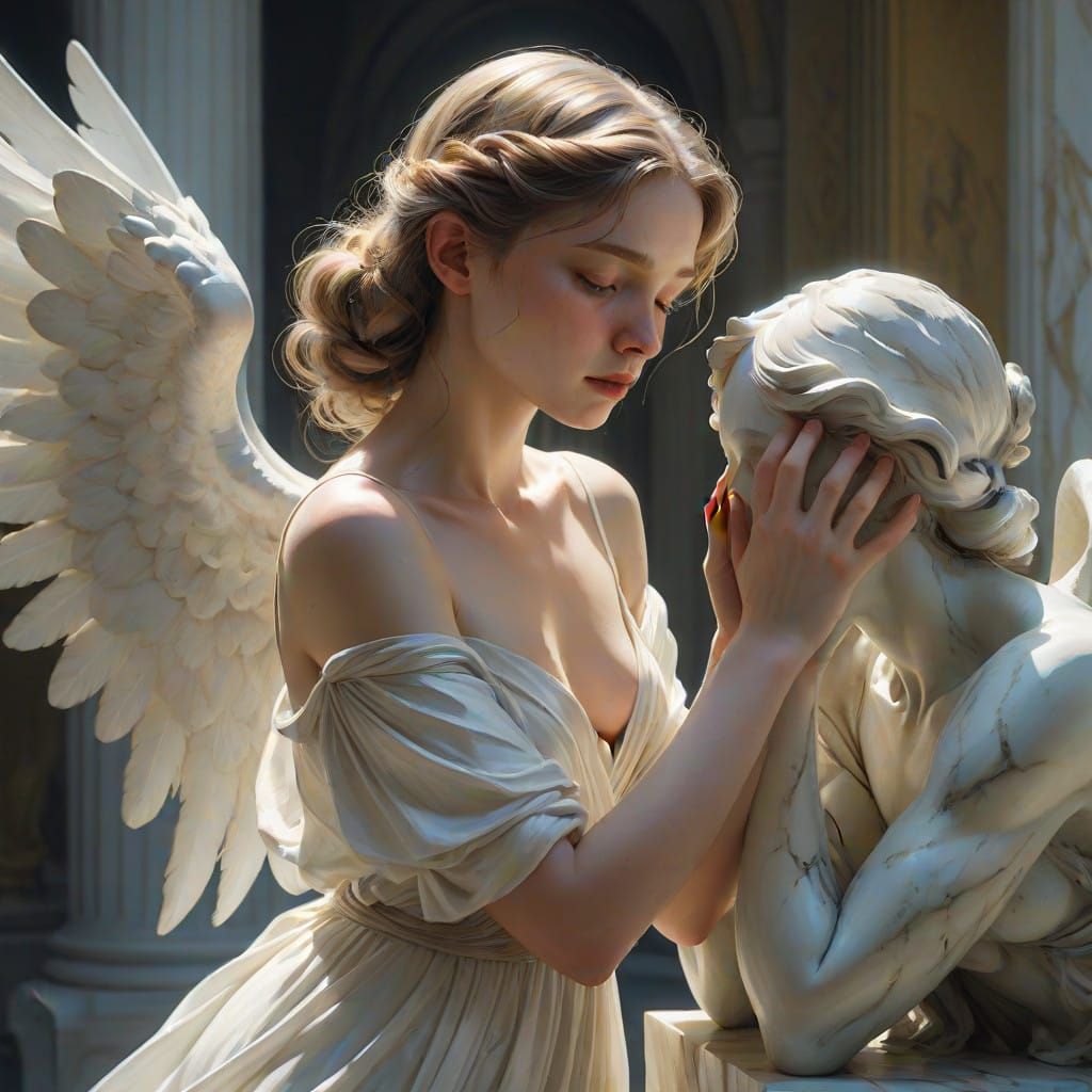 Ethereal Encounter: Sorrowful Girl Brings Fallen Angel to Li...