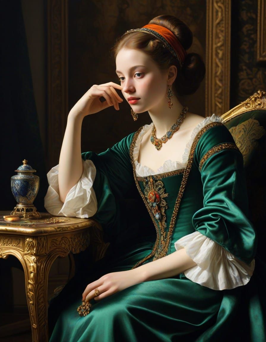 Elegant Woman in Lavish Attire, Baroque Oil Painting