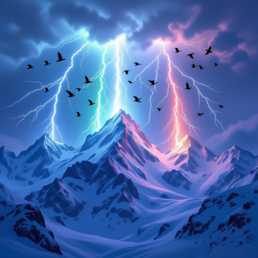 Snowy Mountain Range with Lightning and Birds