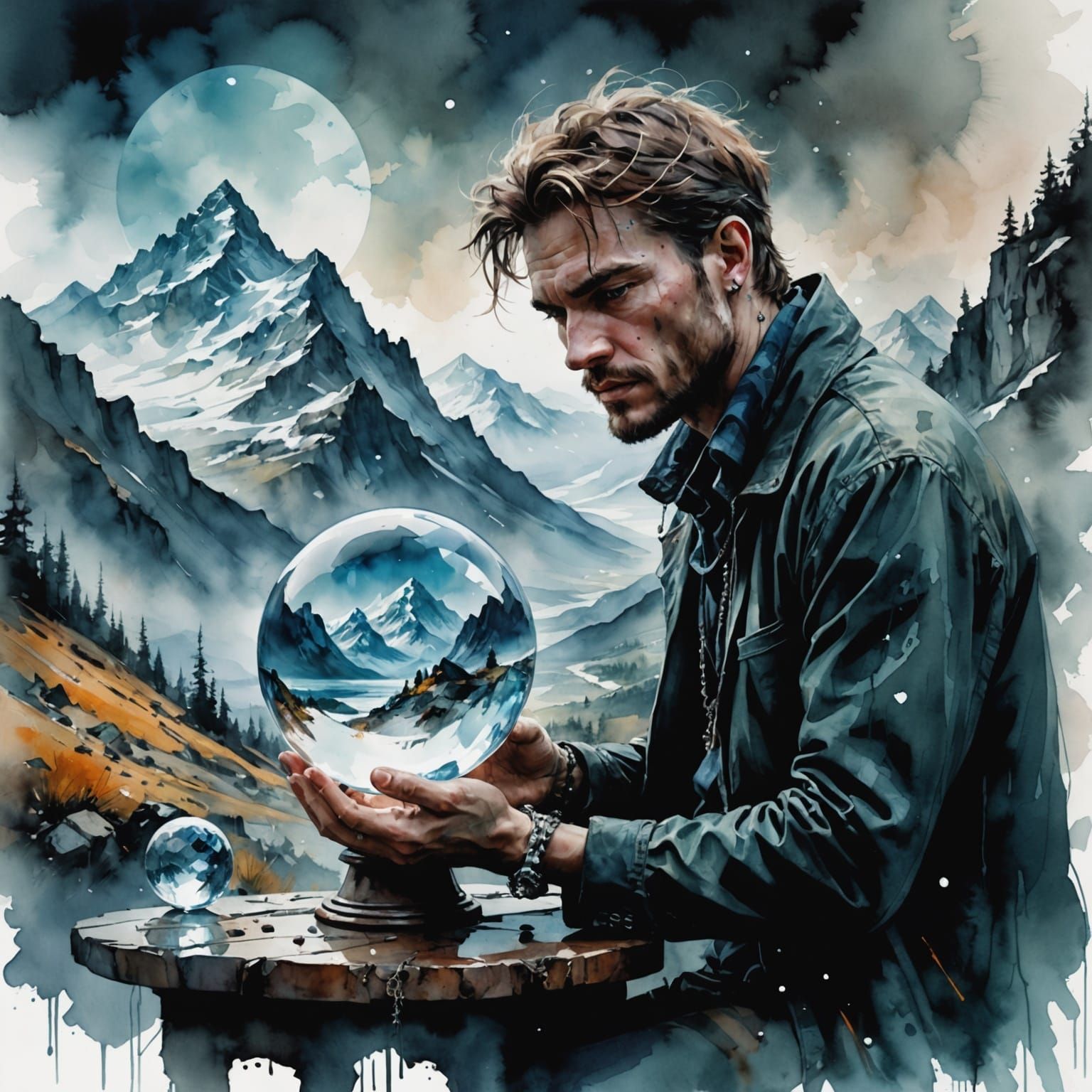 Chained Man and Crystal Ball Mountains in Watercolor