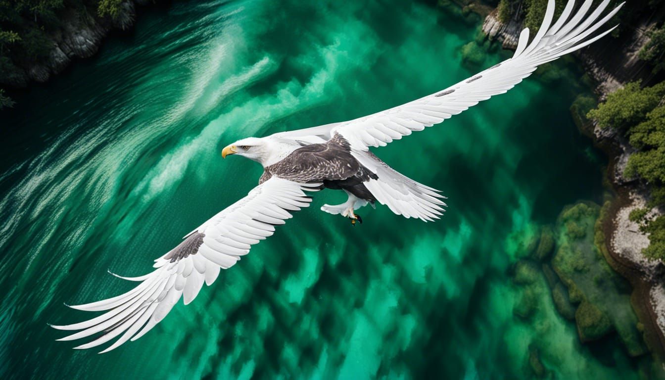White Eagle Gliding Above Emerald River
