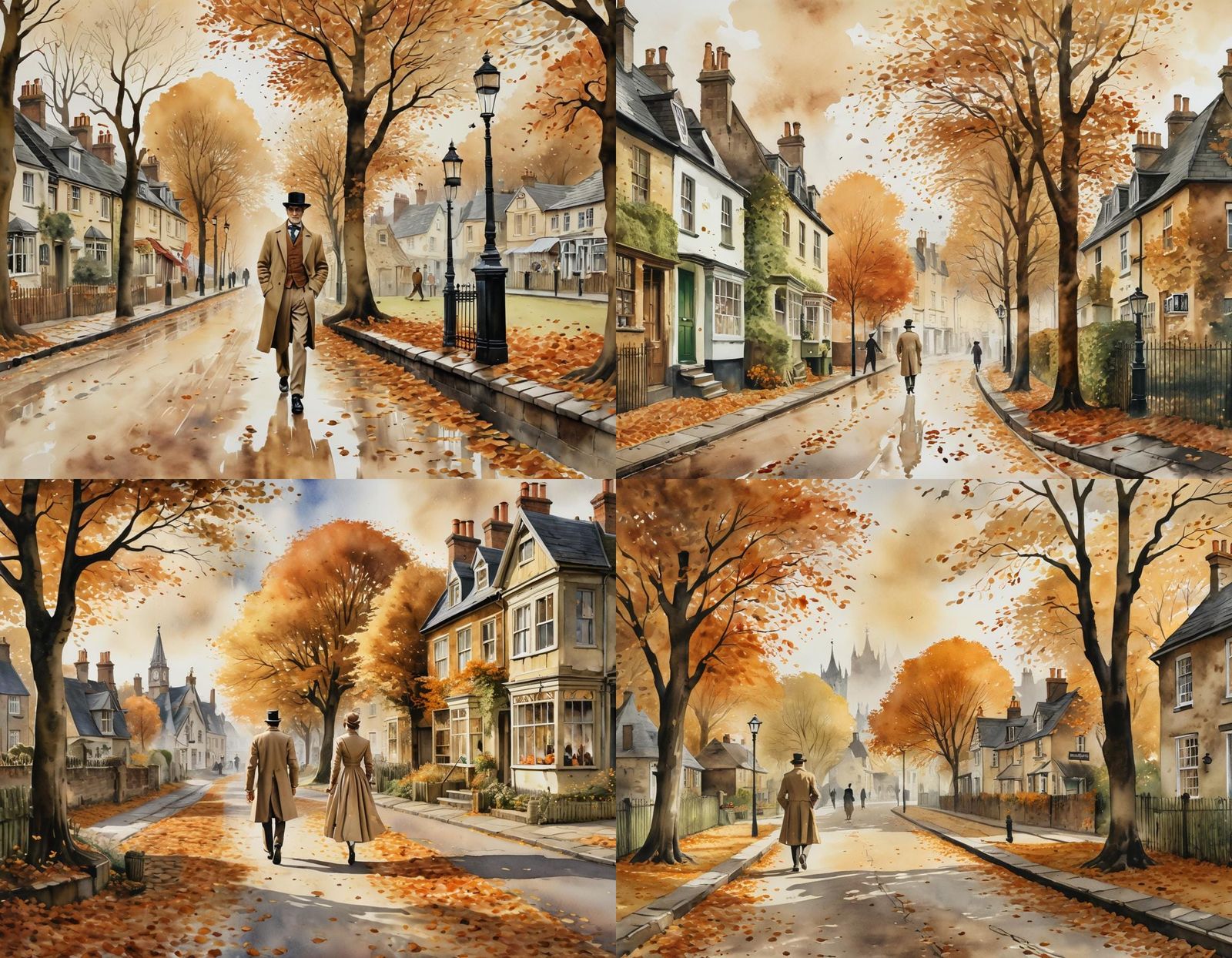 Victorian Village Street Scene in Watercolour