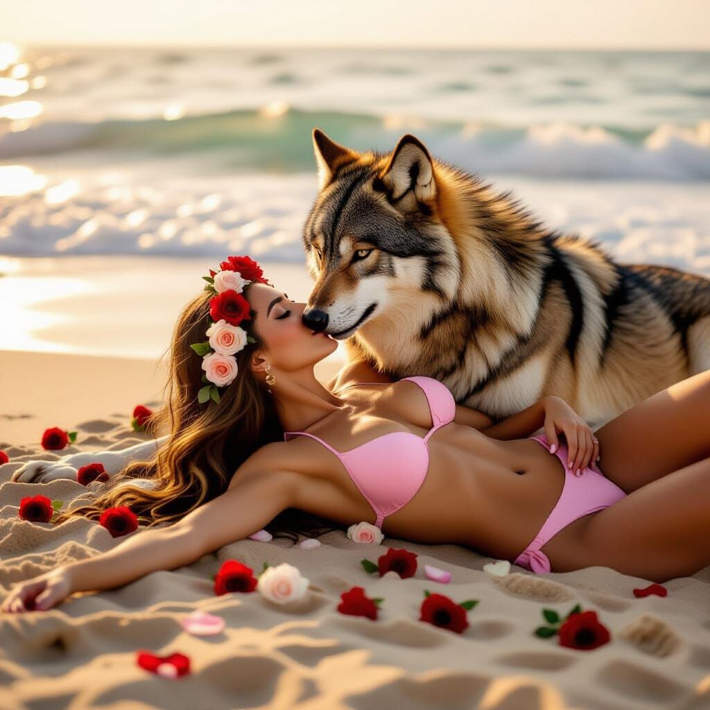 Romantic Wolf Mate Kissing Woman with Roses