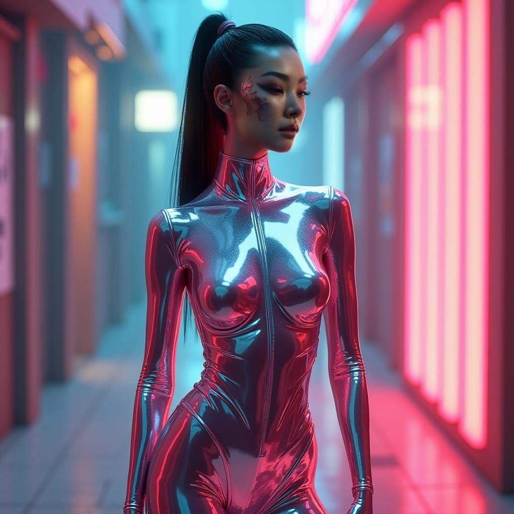 Asian Woman in Latex Outfit: Detailed Matte Painting