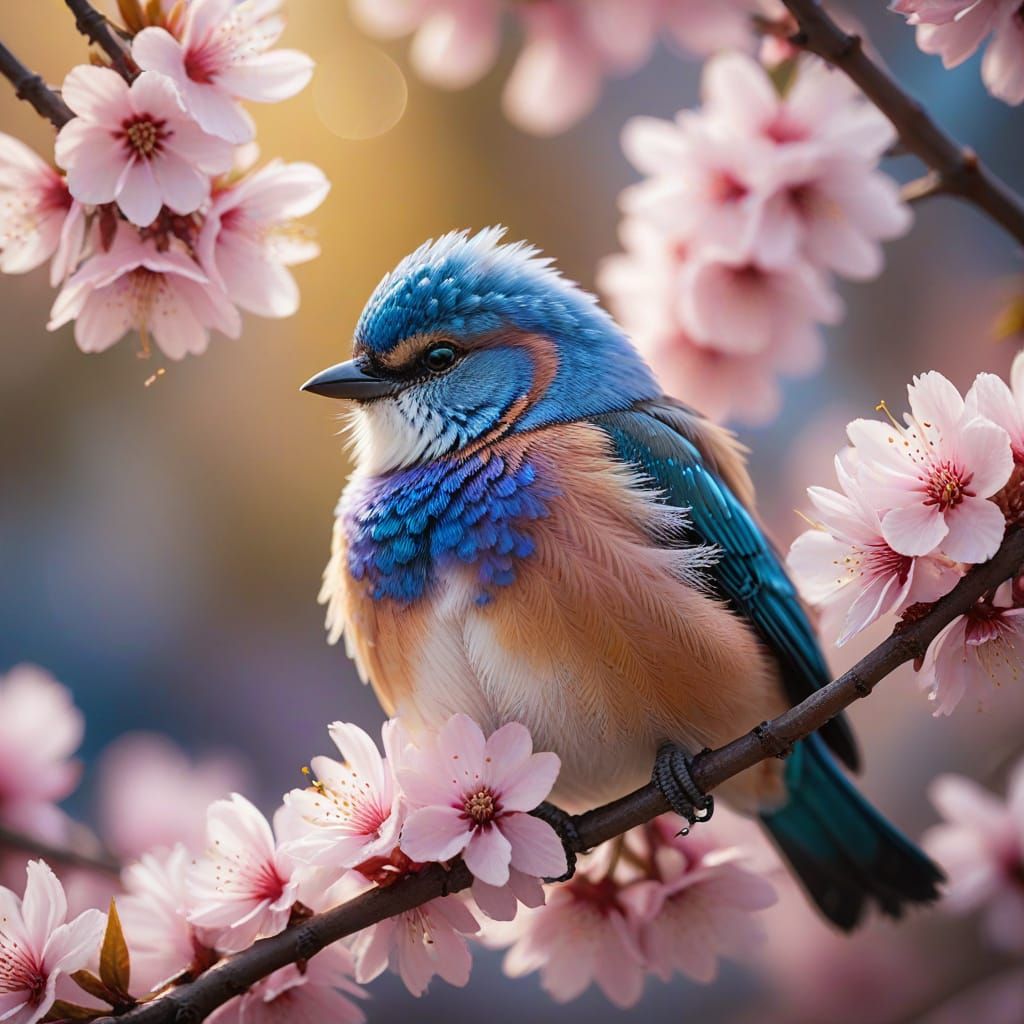 Fluffy Bird on Sakura Branch: Wildlife Photography
