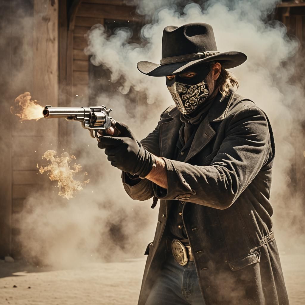 Masked Gunslinger Fires Pistol in Western Film Style