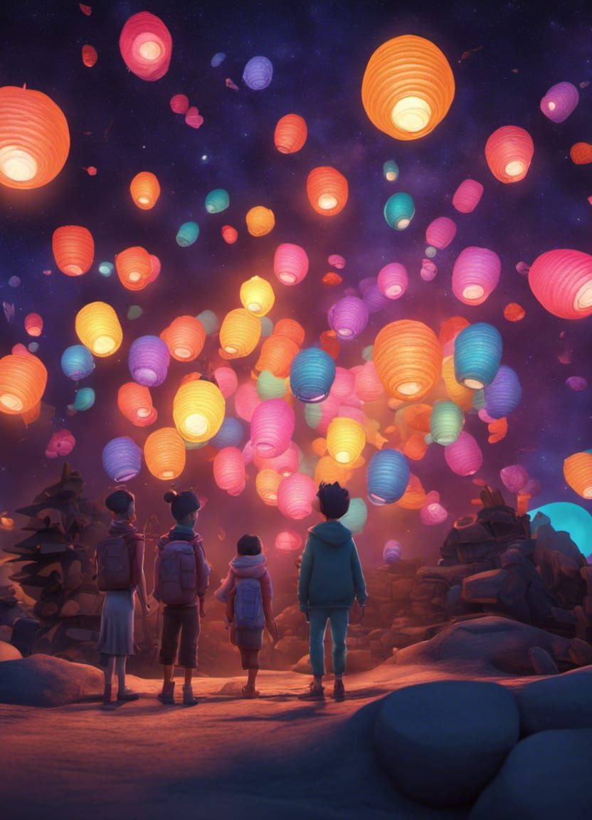 Paper Lanterns Ascend into Galaxy Night Sky