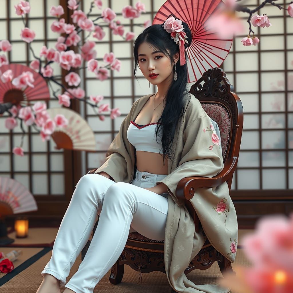 Geisha in Modern Attire Among Cherry Blossoms