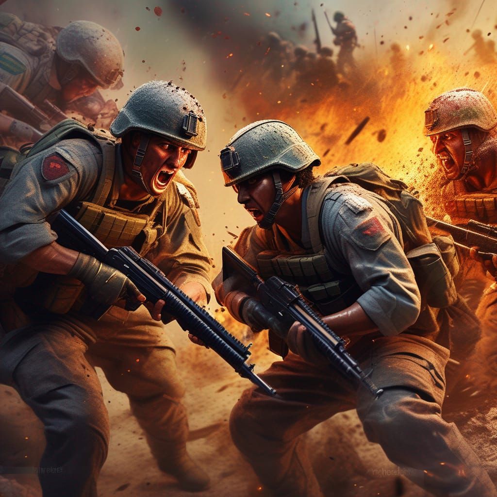 Hyperrealistic Soldiers in Dramatic Battle Scene