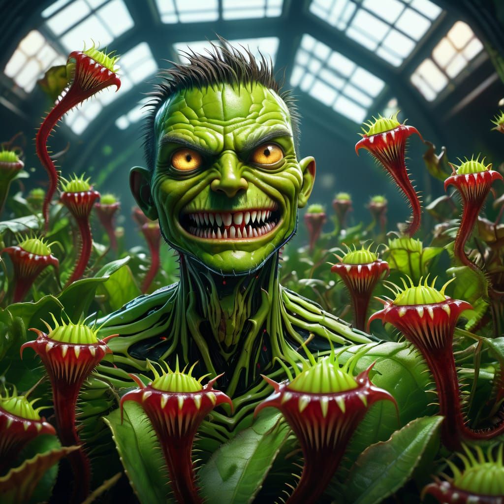 Man Among Venus Flytraps: Vivid Digital Art