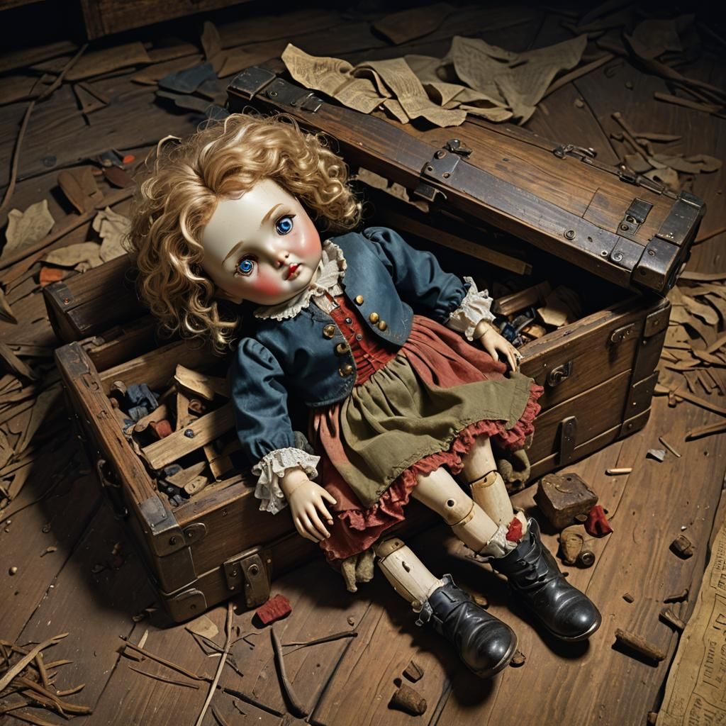Antique Doll in Trunk, Horror Art