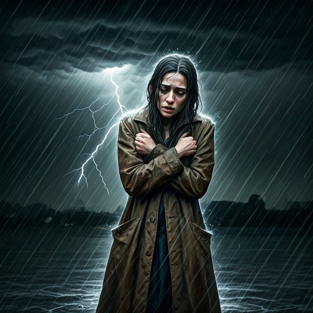 Woman in Rainstorm: Dramatic Atmospheric Painting
