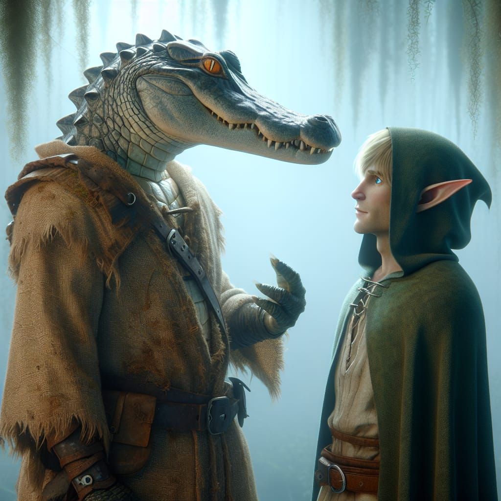 Alligator Warrior and Elf Rogue in Romantic Landscape