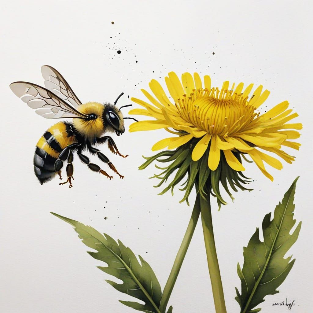 Bee Amidst Delicate Sumi-e Dandelion Blooms