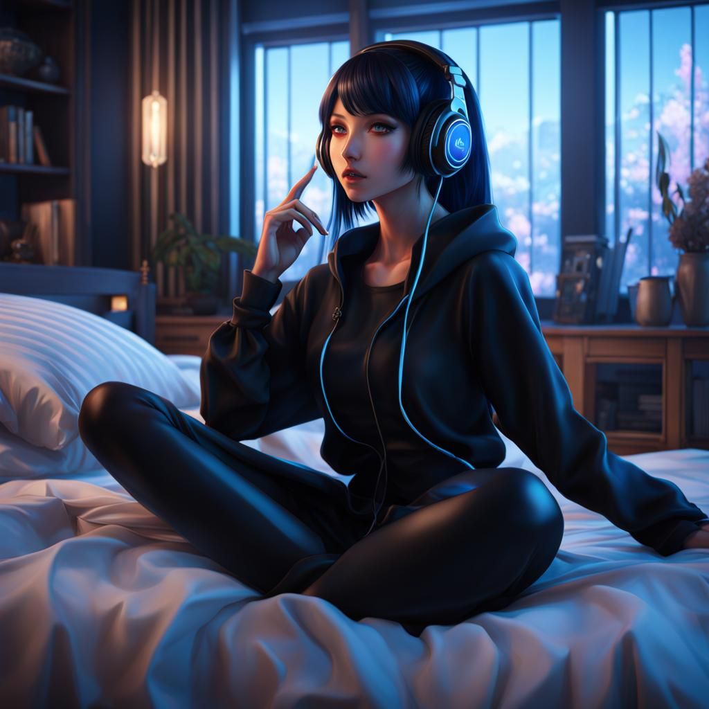 Anime Girl with Headphones: Detailed Matte Painting