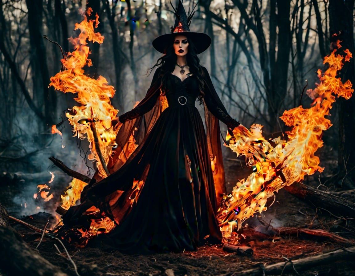 beautiful gothic witch, emerging from flames