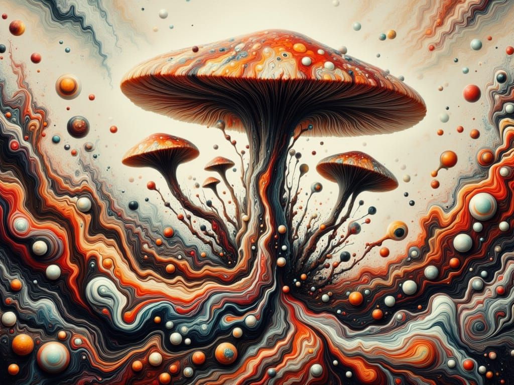Earthy Mushroom Figure in Abstract Fluid Art