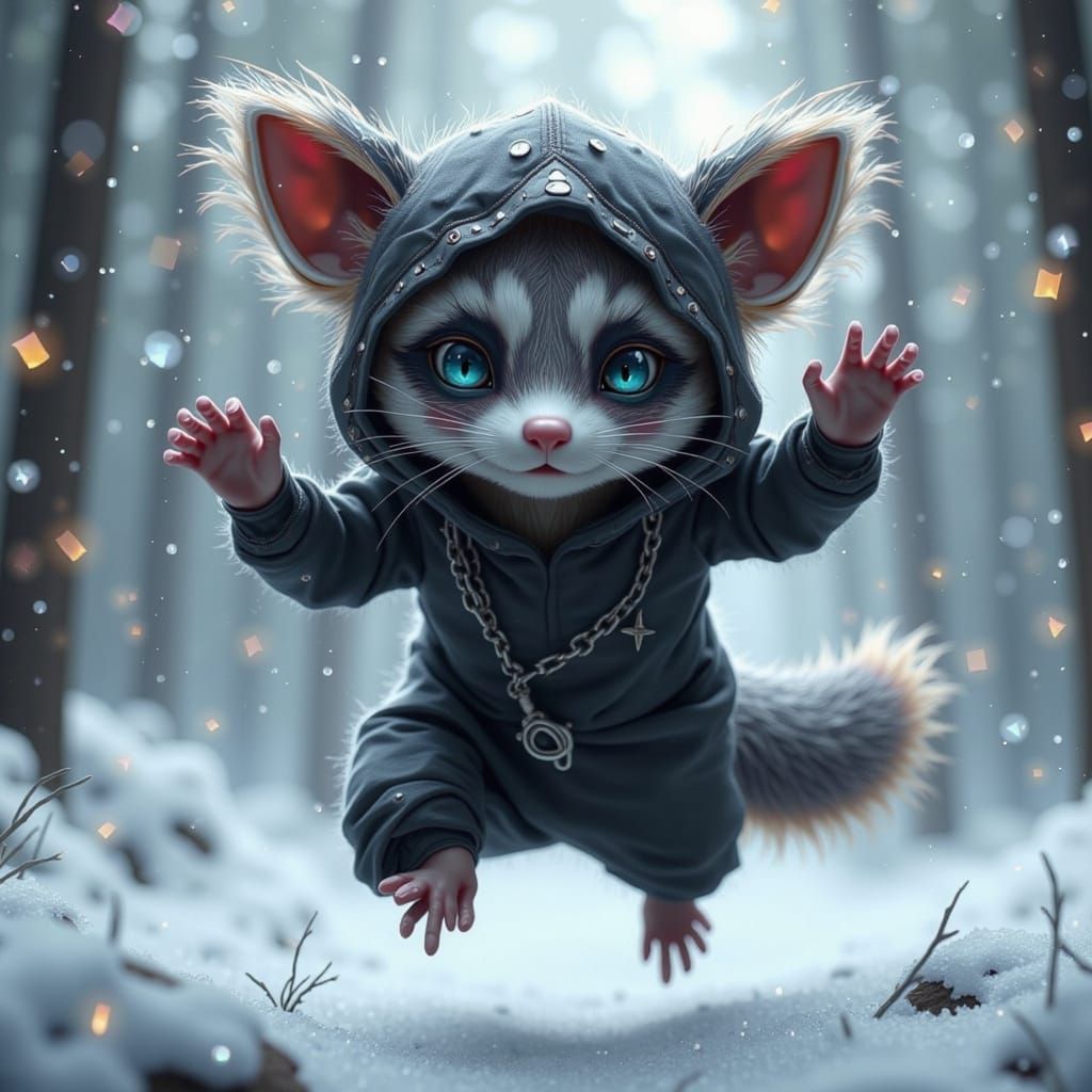 Raccoon-Mouse Ninja Leaping in Snowy Forest
