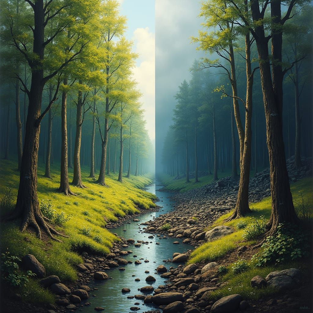 "Left side/Right side" concept of nature's two side. One is filled with greenery and the other side is the same nature d...