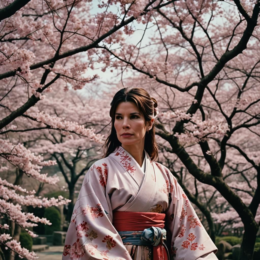Young Woman in Kimono at Hanami: Cinematic Film Still