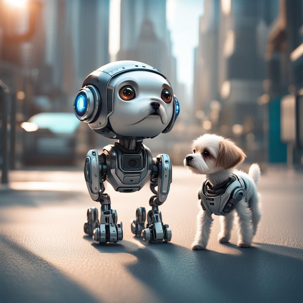 Robot Dog Walker in Futuristic Cityscape