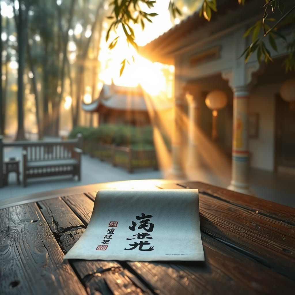 Chinese Calligraphy Radiates Light in Misty Temple