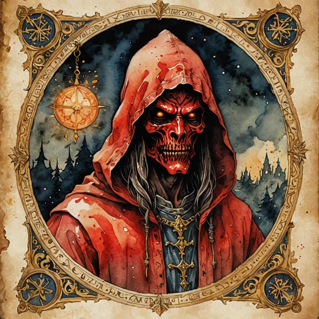 Red-Hooded Demon Kiklos in Watercolor Grimoire Art