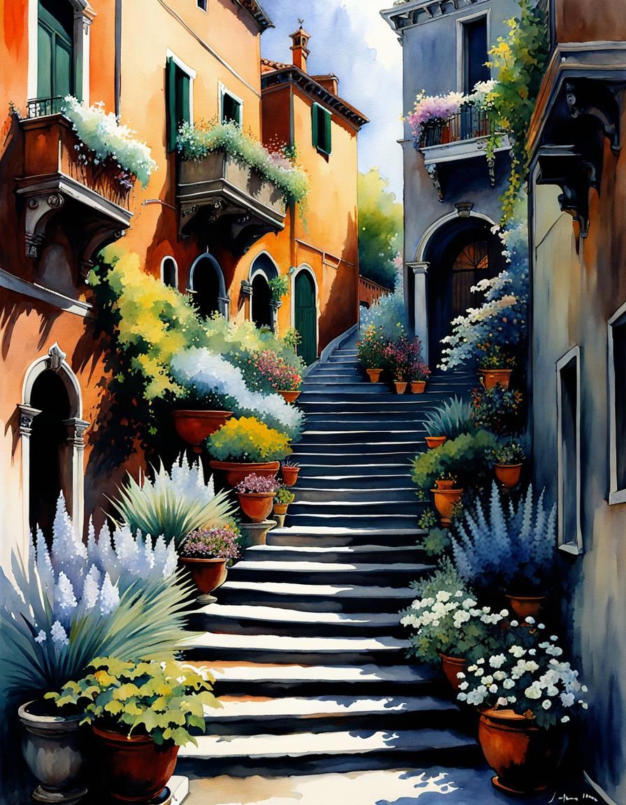 Studio Ghibli Venice Path in Art Deco Style