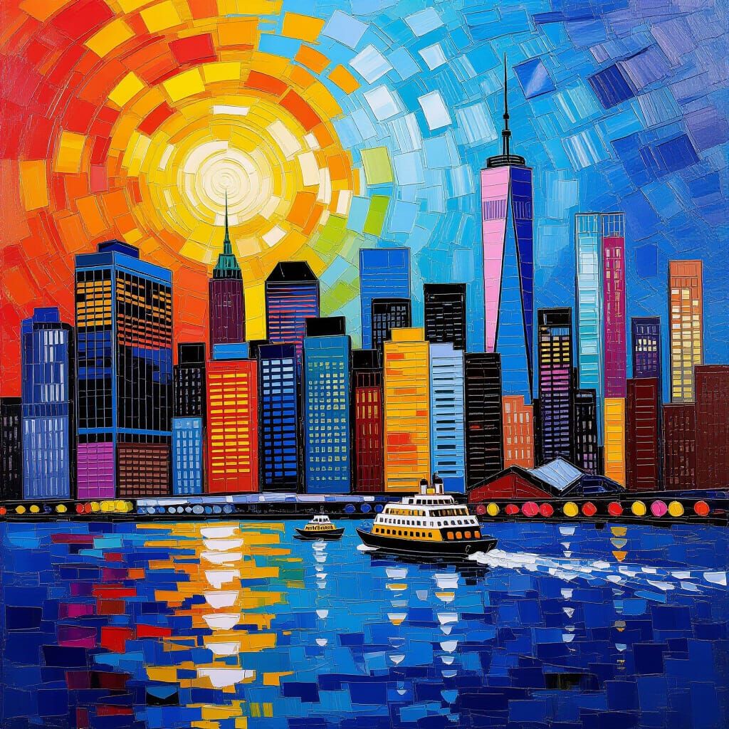 New York Skyline Oil Painting with Textured Paint