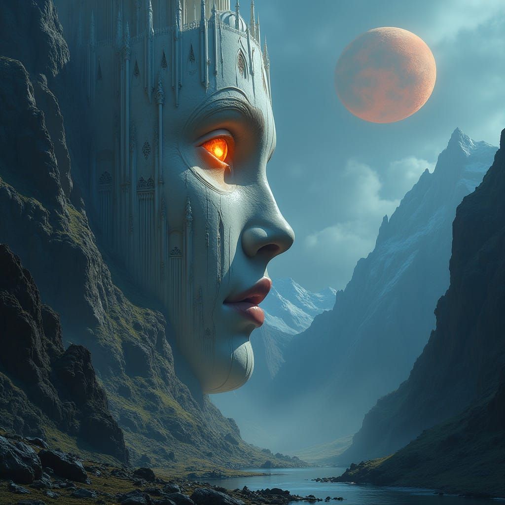 Ethereal Landscape with Ancient Mountain Face and Gothic Arc...