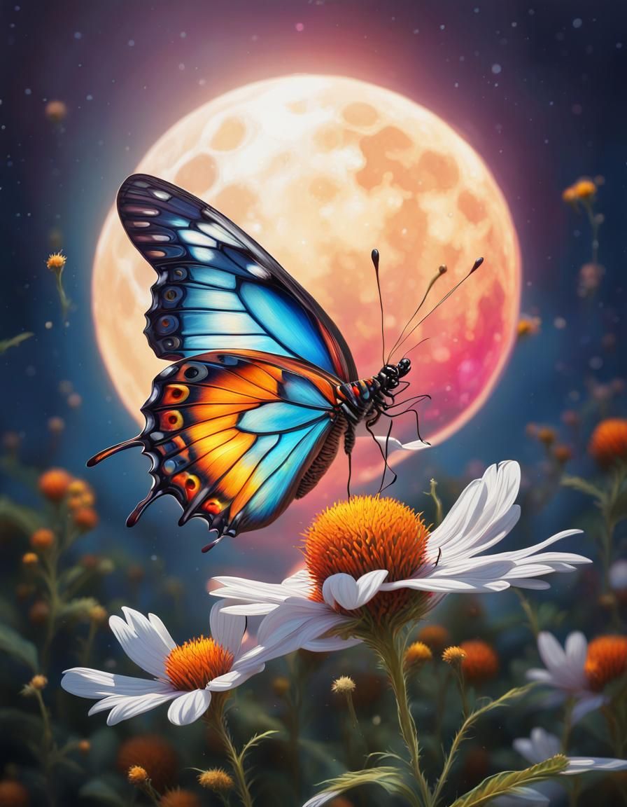 Lush Butterfly Before a Shining Moon, Hyperdetailed Oil Pain...