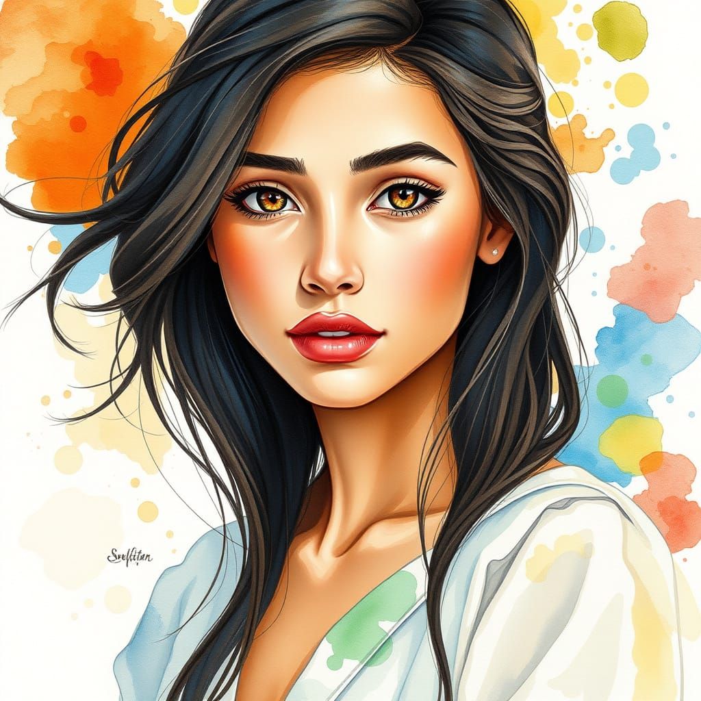 Semi-Realistic Watercolor Portrait of a Peruvian Latina Woma...