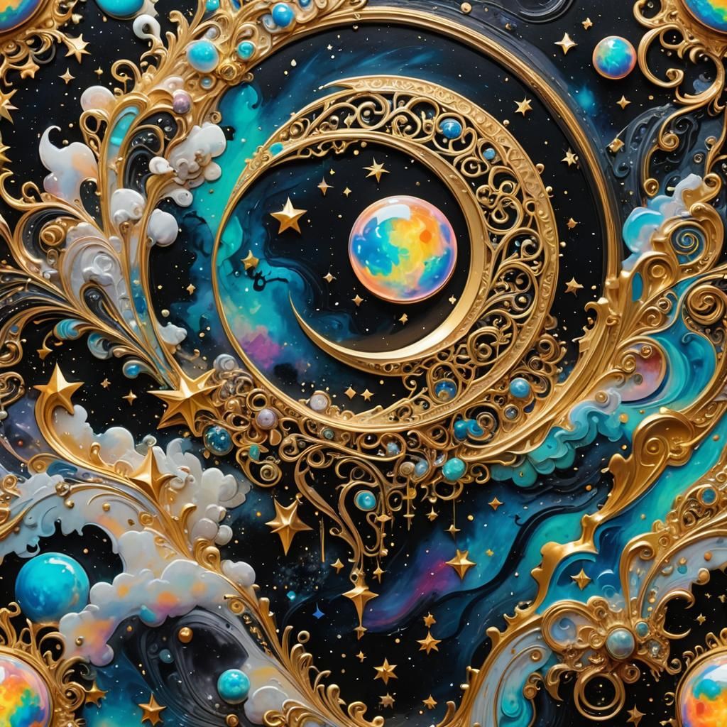 Opal Crescent Moon with Graffiti Art Elements