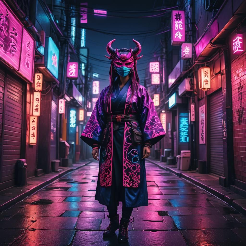 Cyberpunk Model with Oni Mask in Neon Alley
