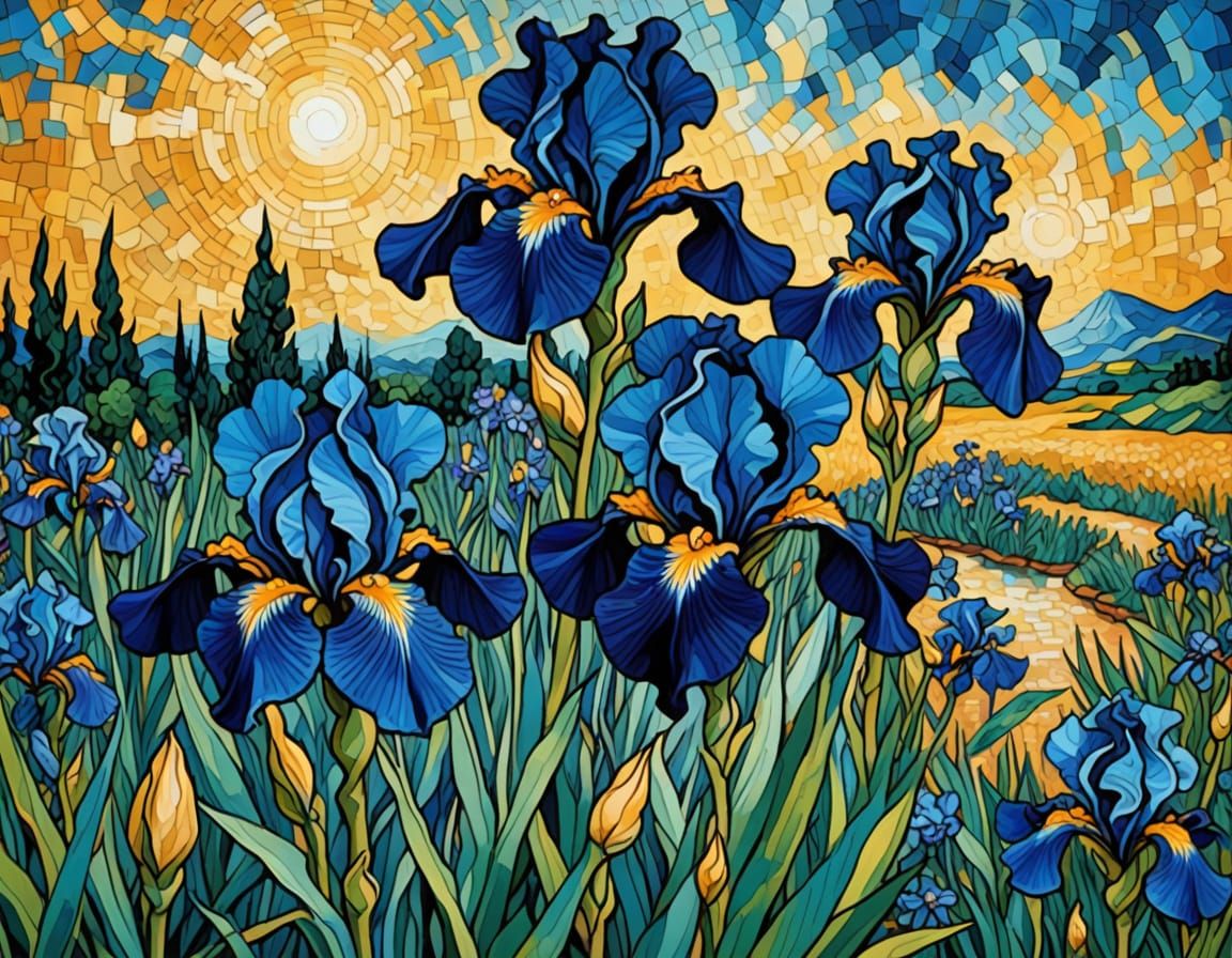 Surrealist Pixel Art Masterpiece: Blue Iris Blooms in Whimsi...