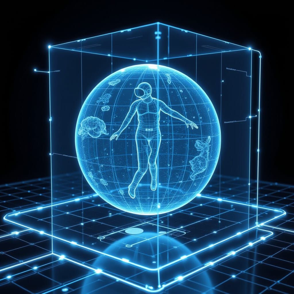 <lora:Holographix:1.0> Holographic Spaceman, navigating an 3D Holograph asteroid field 3D Holographic Schematic of